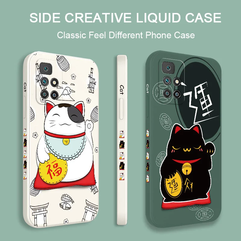 Funda de teléfono de gato de la buena suerte, cubierta de silicona líquida para Xiaomi Redmi 13C, 12, 12C, 10, 10C, 10A, 9, 9T, 9A, 4G, 5G