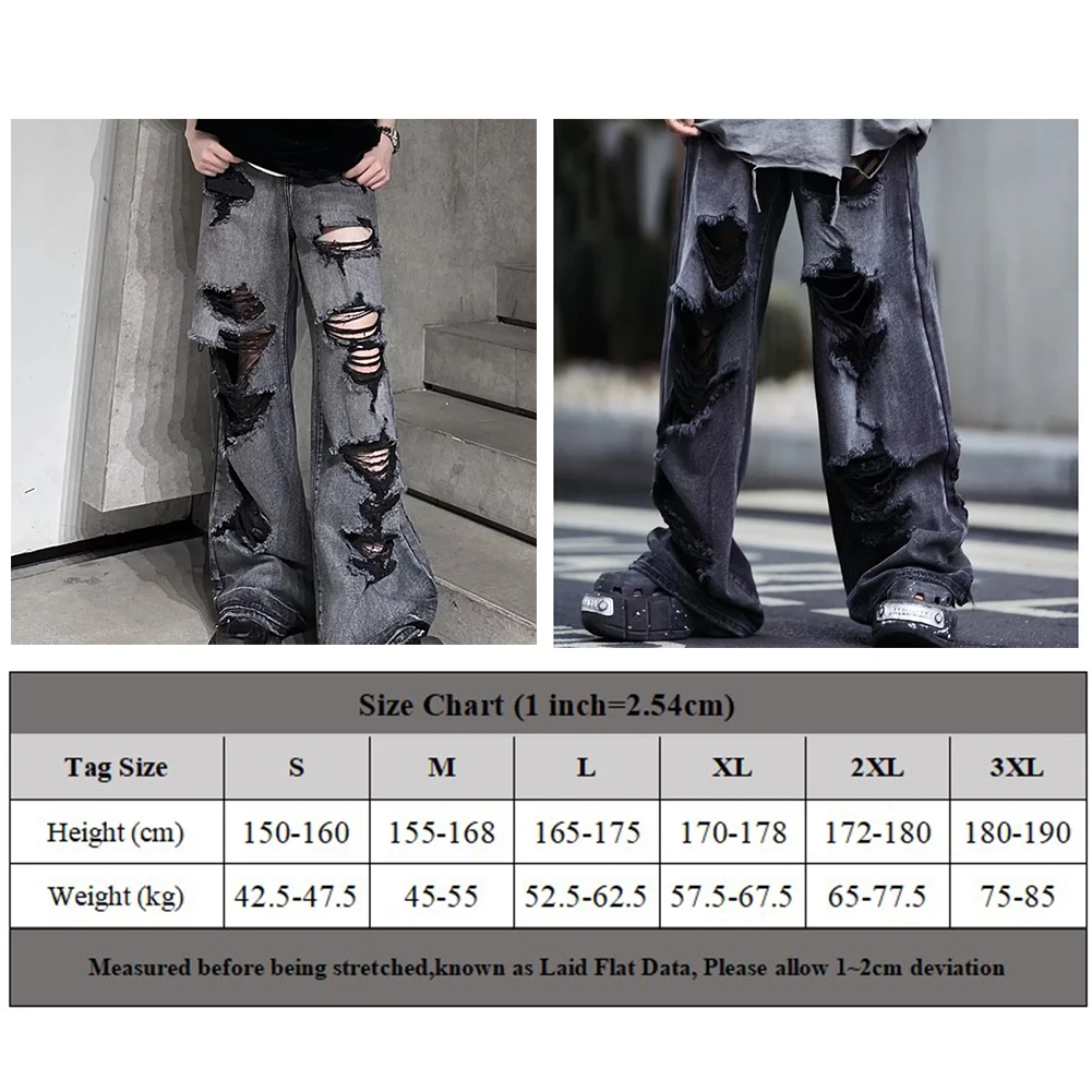 Men\\\'s Gothic Wide Leg Jeans Vintage High Waist Baggy Hole Pants Black Grey Suitable Season Spring Summer Autumn