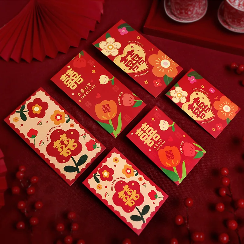 

10pcs New Wedding Supplies Red Envelope Wedding Lucky Seal Printed Tulip Red Envelope Happiness Hundred Dollars 12x8cm