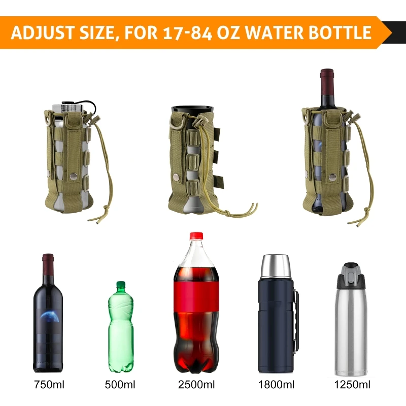 0.5L-2.5L Molle Water Botttle Pouch Tactical Gear Adjustable Drawstring Kettle Bag Military Bottle Holder Outdoor Camp Water Bag