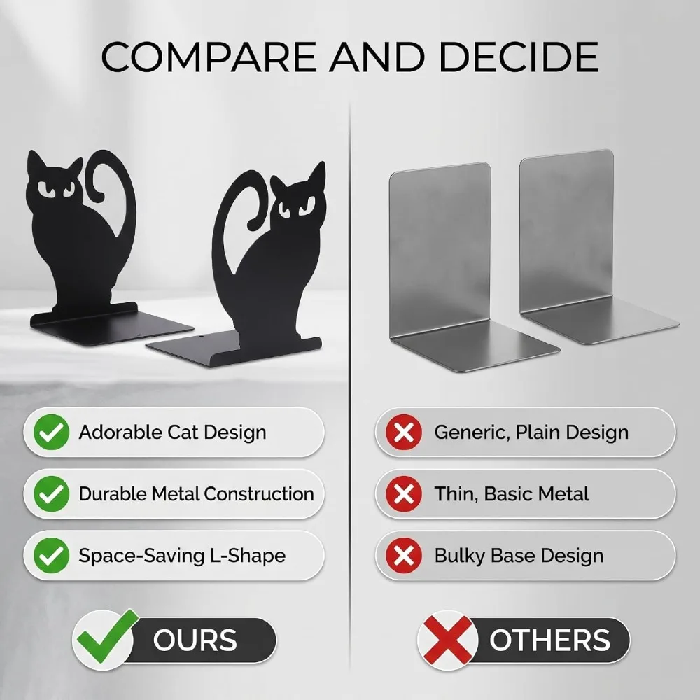 2pcs Iron Decorative Cat Bookend 4.72x4.37x5.87in Black Metal Bookends Non-Skid Base Thickening Design Cat Shaped Book Stopper