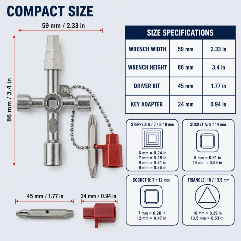 3‑Pcs 4‑Way Utility Cross Key Set with Screwdriver Bit for Water Gas Meter Cabinet Valve Wrench