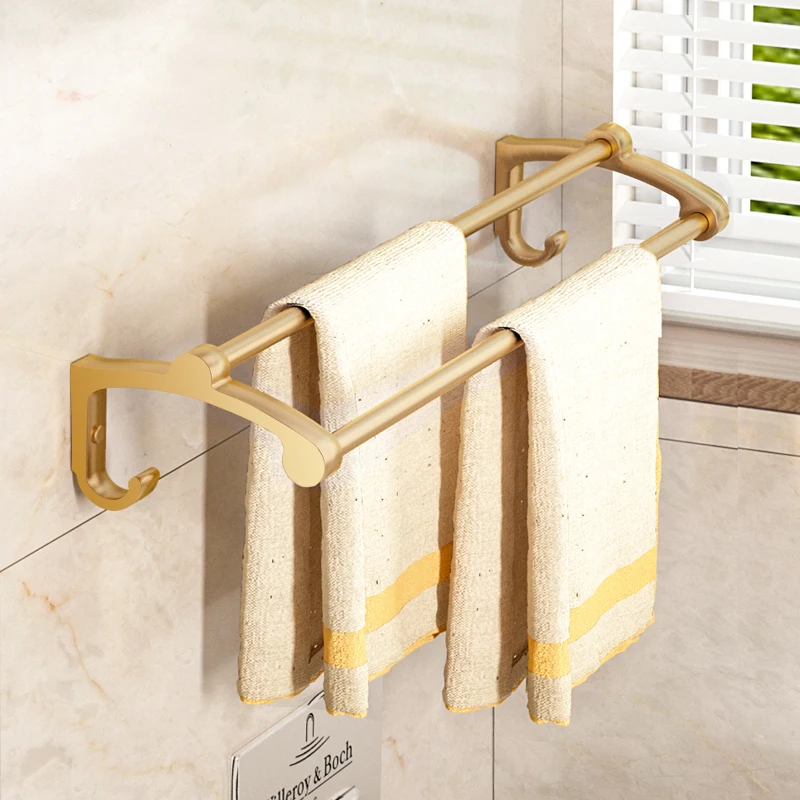 Space Aluminum Gold Towel Rack Bathroom Single Double Rod Hanger Toilet Towel Rod Bath Towel Rack Wall Hanging