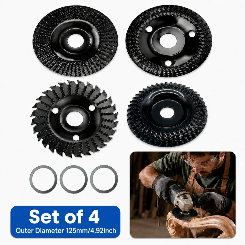 

4Pcs Wood Carving Grinding Disc Set for Angle Grinder, 125mm Abrasive Shaping Wheels with Flat Bevel Arc Design for Wood Sanding