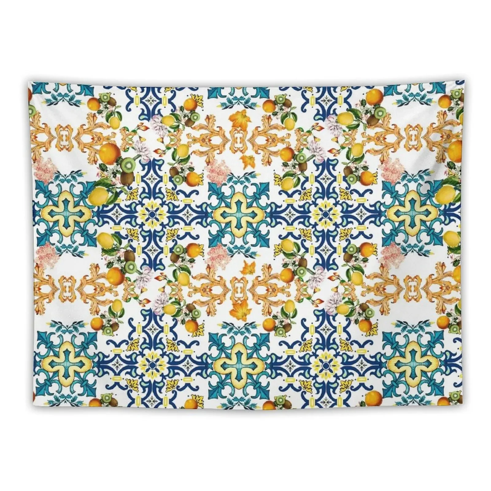 Sicilian vintage blue tiles pattern with lemon and kiwi Tapestry Nordic Home Decor Mushroom Tapestry