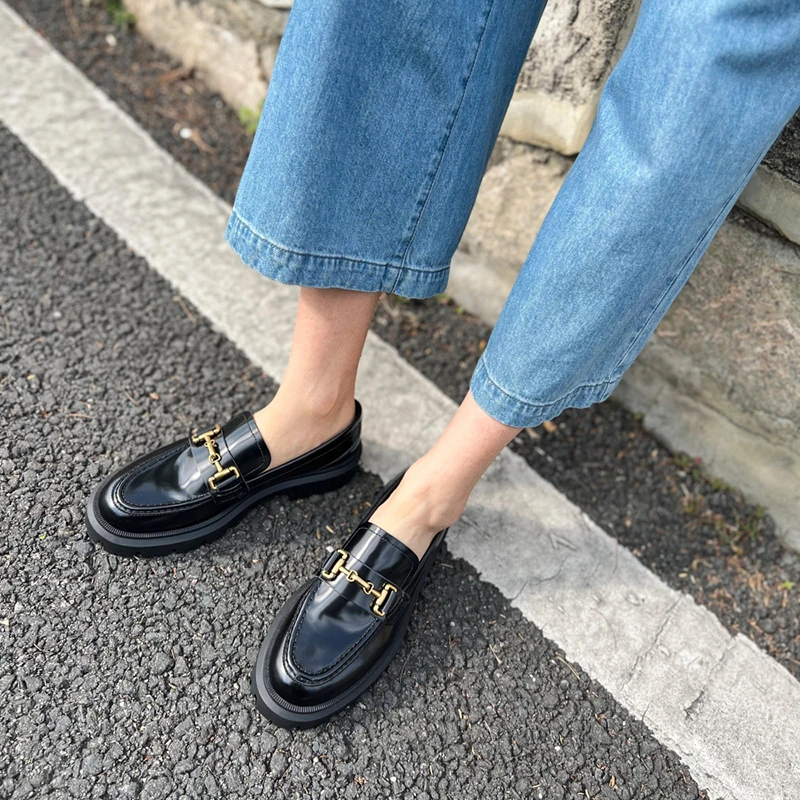 MOOQDAAX 2024 Spring Autumn Fashion Black Genuine Leather Platform Shoes Women Solid Simple All-match Casual Loafers Female