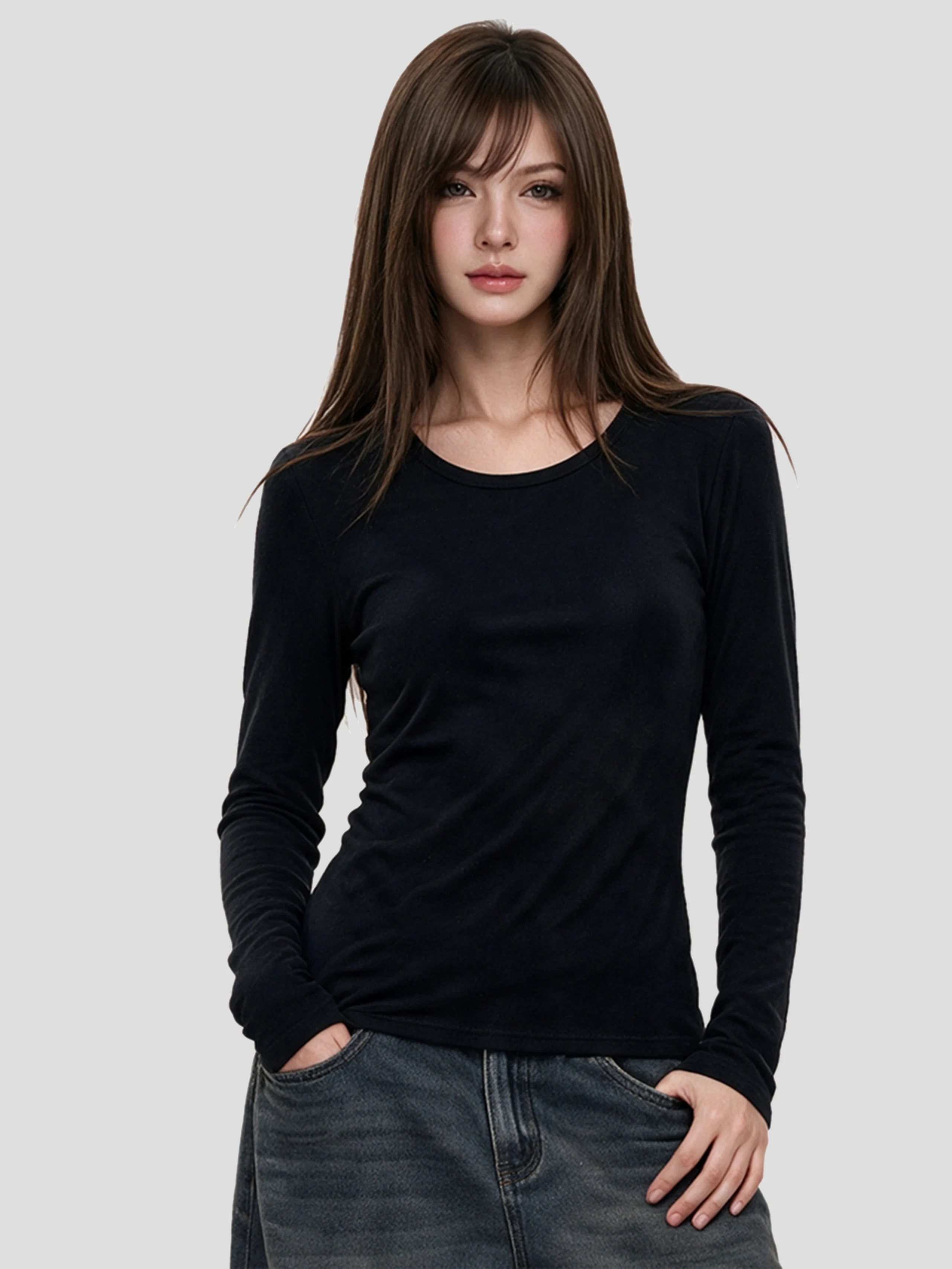 Slim Fit Long Sleeve Fleece Lined Women's T-Shirt Inner Wear INSstudios American Style Handmade Base Layer Top for Teens