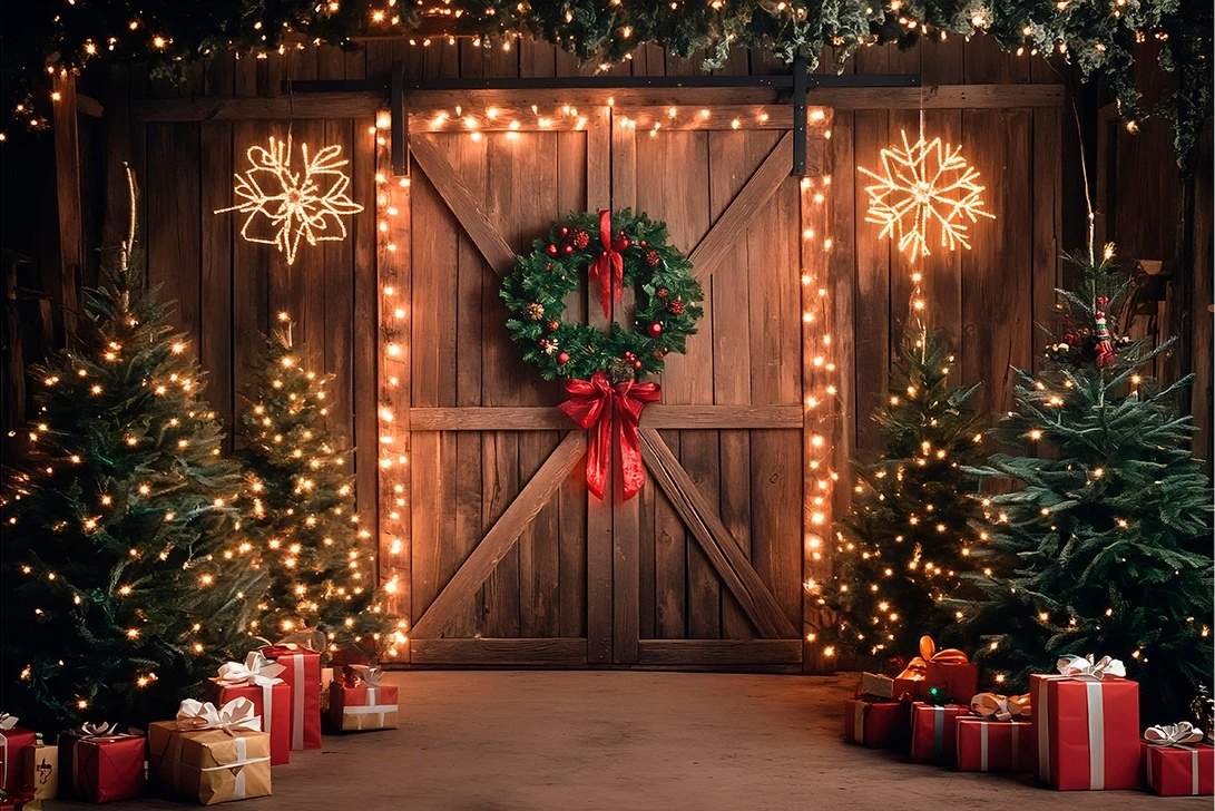 Lampu gudang Vintage pintu kayu, latar belakang Studio fotografi Natal cetakan komputer Pohon pedesaan