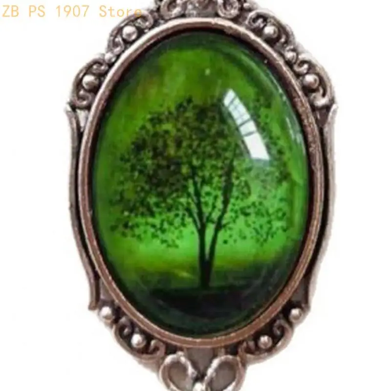 Green Emeral Tree Pendant Necklace with Antique Detail and Alloy Chain, Easy Outfit Accent Jewelry for Daily Wear, Casual