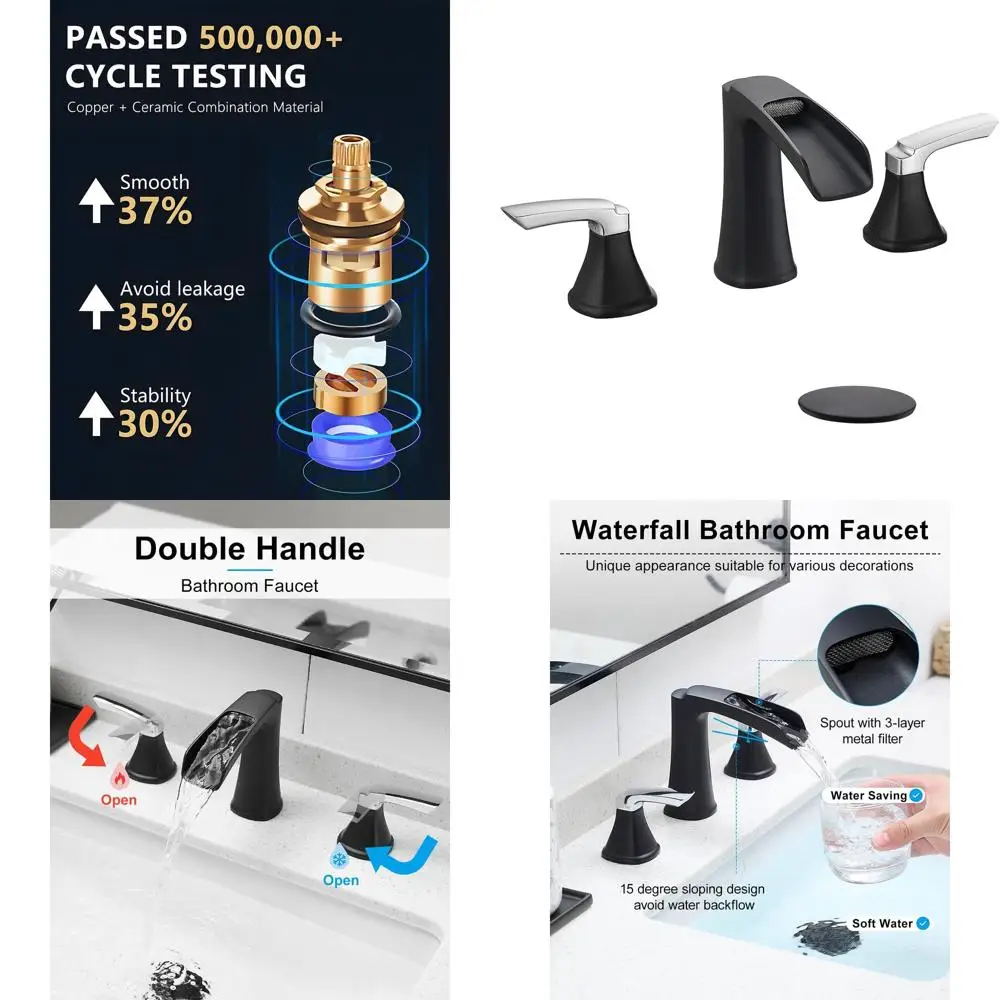 

8 Widespread Matte Black & Chrome 3-Hole Waterfall Bathroom Sink Faucet with Pop-Up Drain