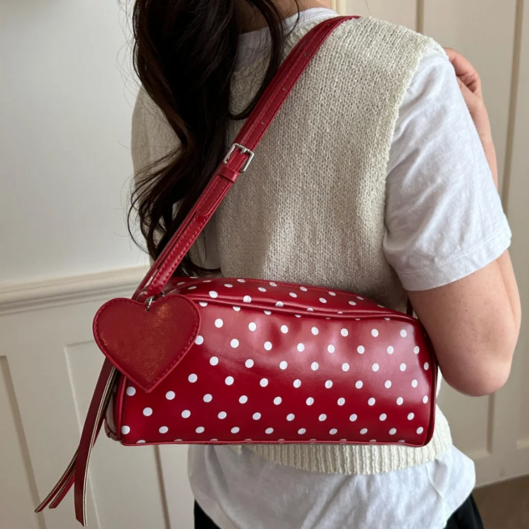 Retro Polka Dot Cylinder Bag with Heart Charm for Women Daily Commute Date Y2K Underarm Purse with Zipper Closure