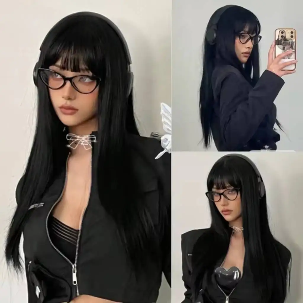 Long thread smooth synthetic wig with bangs women\'s black hair natural and comfortable role-playing party Lolita