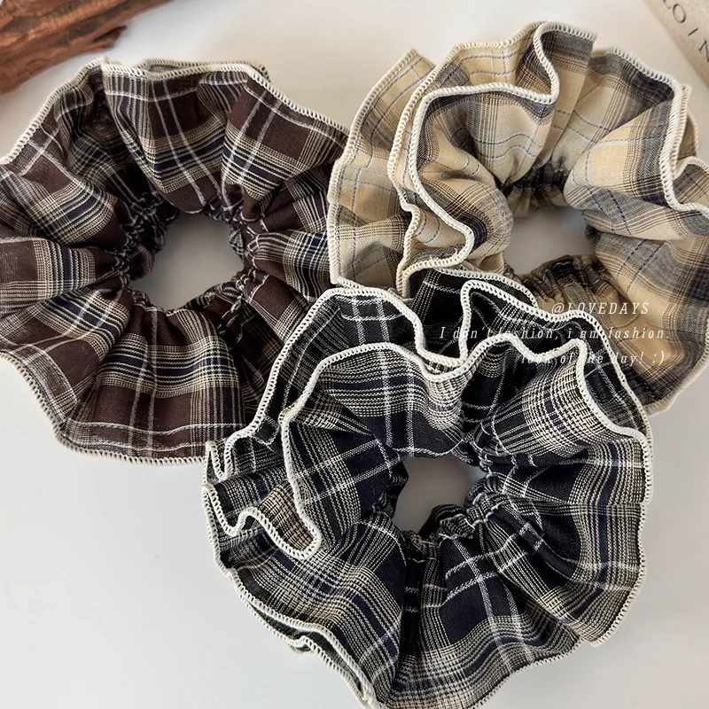

Vintage Large Double Layer Plaid Lace Scrunchie Brown Tone Hair Tie Elastic Bun Low Ponytail Holder for Women Premium Retro