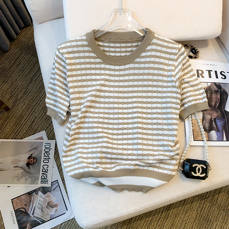 Stylish Striped Ice Silk Knit Tshirt Sweater Women Casual Fashion Ladies Tops Tees 2023 Summer Short Sleeve O-neck Chic Knitwear