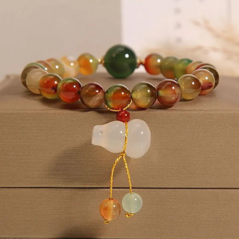 

Natural Peacock Agate Beaded Bracelet Women's Light Luxury Vintage Elegant Accessories Gourd Pendant Girlfriend Handstring Gift