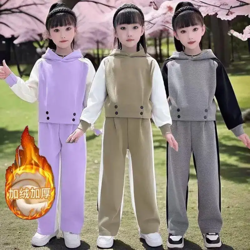 

Kawaii Girl Thicken Hooded Sports Suit Student Autumn and Winter Casual Keep Warm Pullover Pants 2-Piece Set Children's Clothing