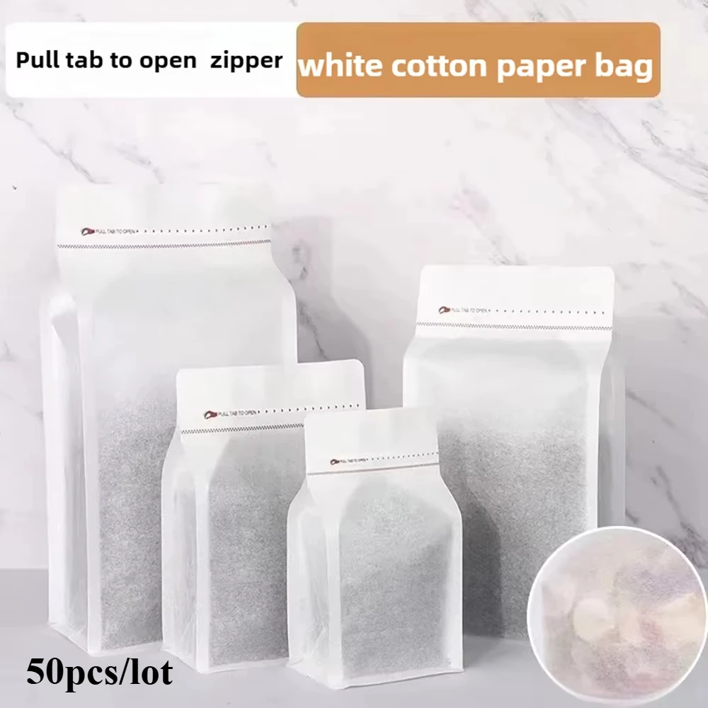 50pcs Heat Sealed Recyable White Rice Paper Valved Coffee Beans Tea Powder Food Storage Bag