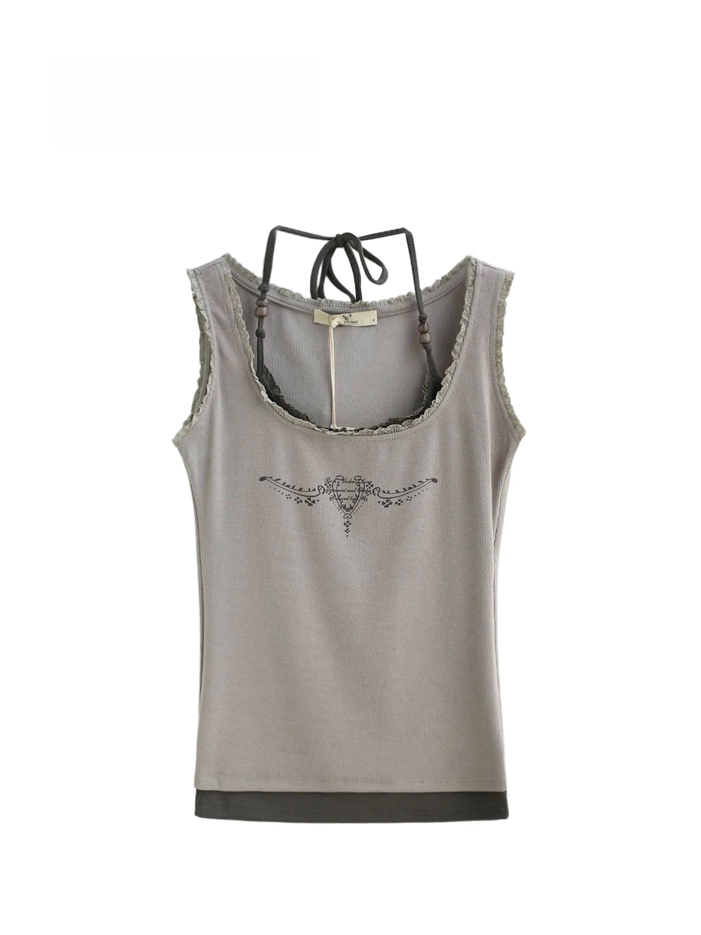 

Summer New Style American Retro Spicy Girl Short Printed Lace Trim Neck Hanging U-shaped Vest Wild Forest Women's Fashion