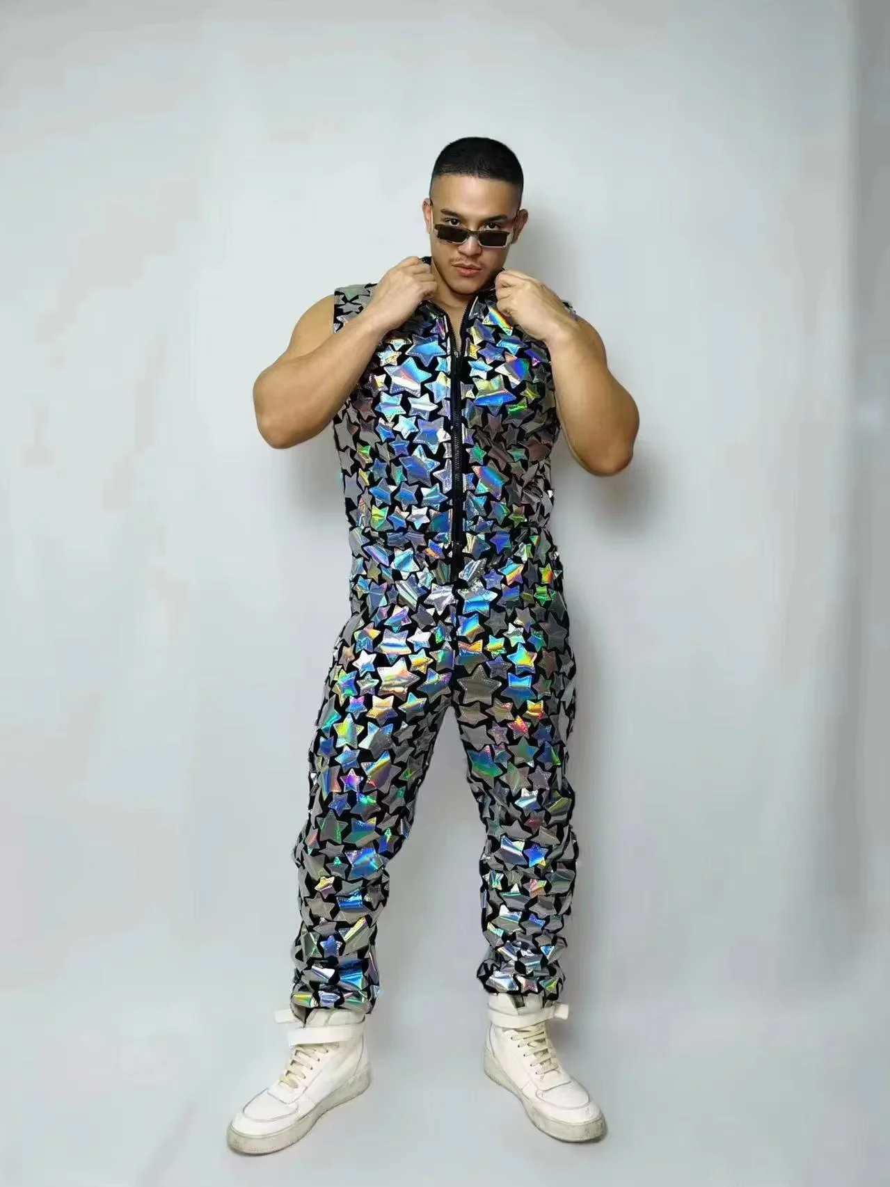 Men's Silver Laser Jumpsuit Party Theme Hip hop Gogo Dance Wear Nightclub Bar Mirror One-Piece Tooling Costumes