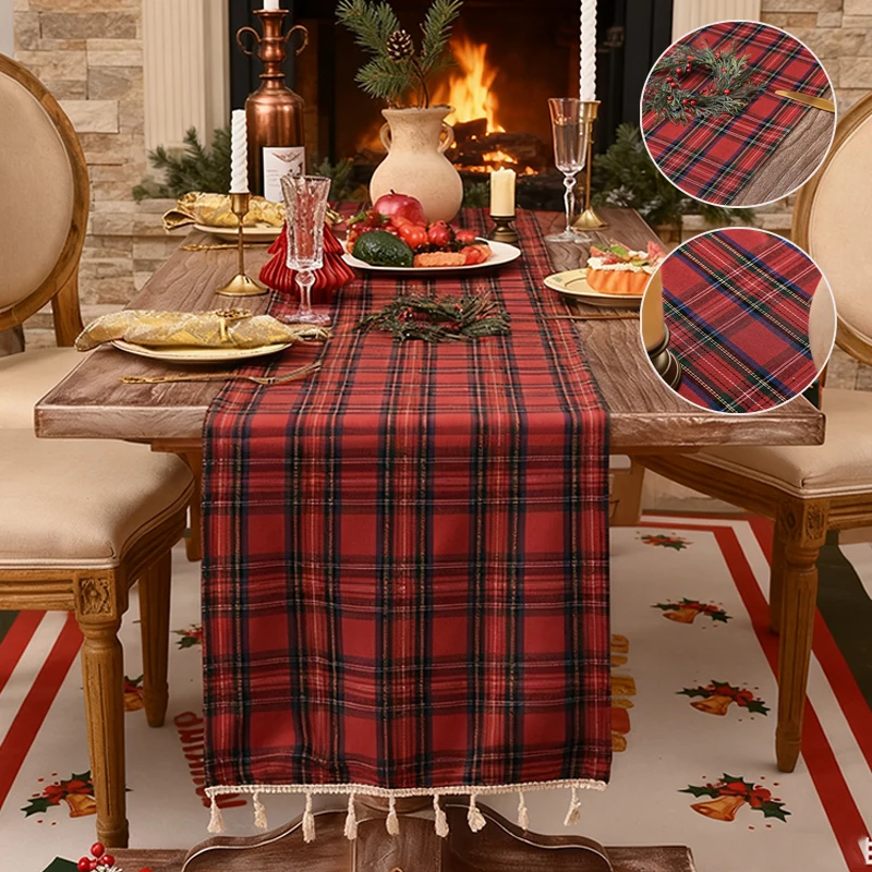 1pc Linen Christmas Table Runner - Red & Black Tartan Plaid,Durable & Easy-Clean Holiday Decoration,Classic Plaid Pattern탁자 깃발