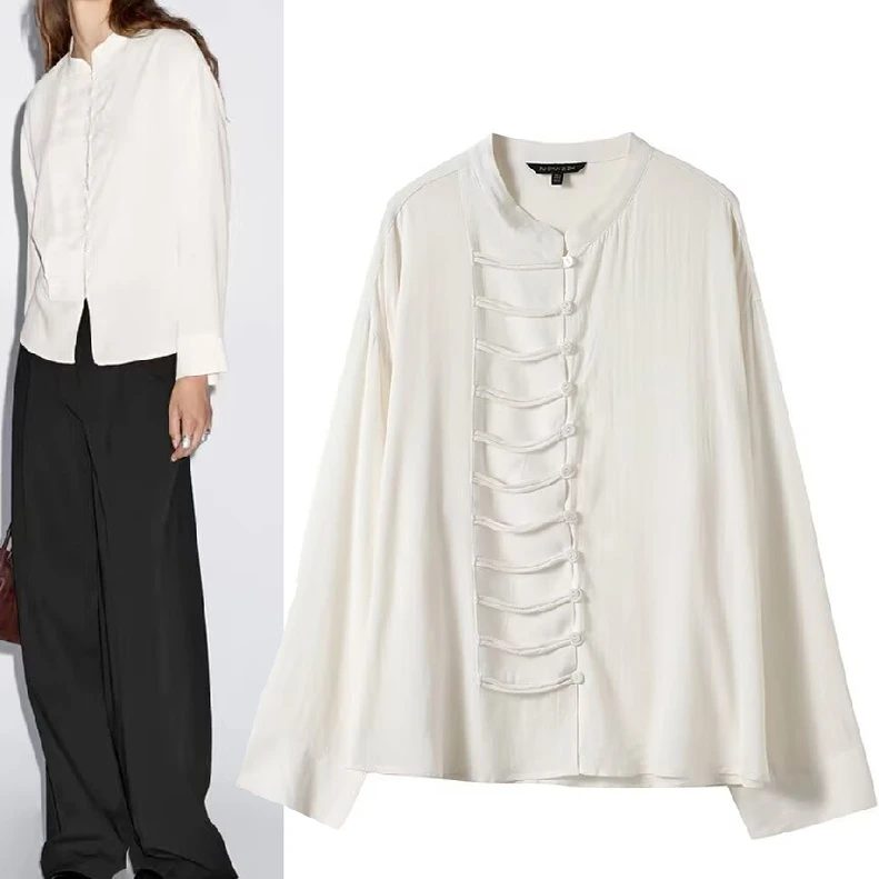 

Ele Chinese Sle Long Sve irt Women's Faionable Versatile Top WMDR H2625 Straight Cut Polyester Blend Regular Fit