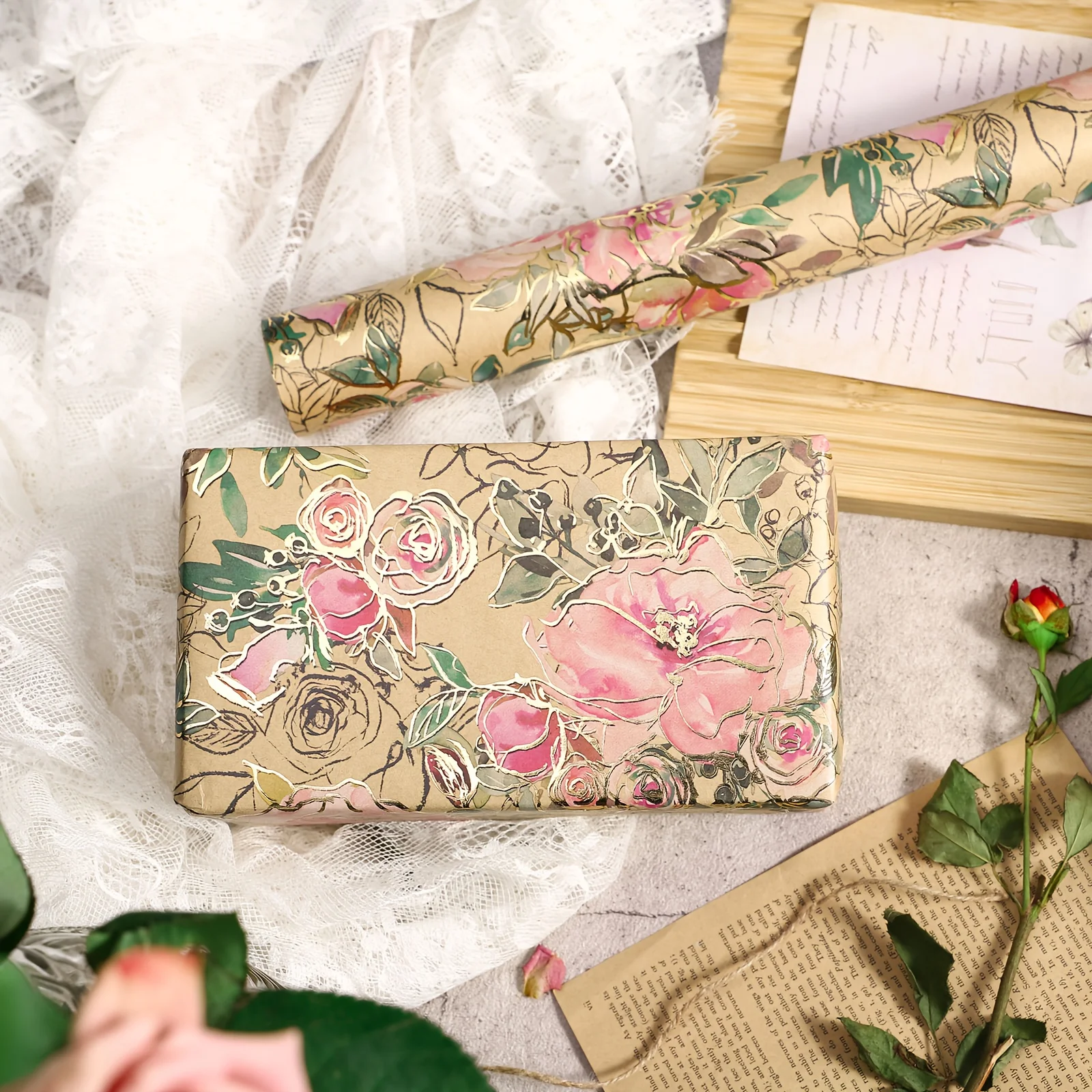 1 Roll of Kraft Wrapping Paper |   Floral Designs (Roses, Peonies) with Gold Foil Stamping - Vintage Elegance Suitable for Weddings, Birthdays, and Holiday Gifts - 43.2cm × 500cm (17inch × 16.5 Feet)