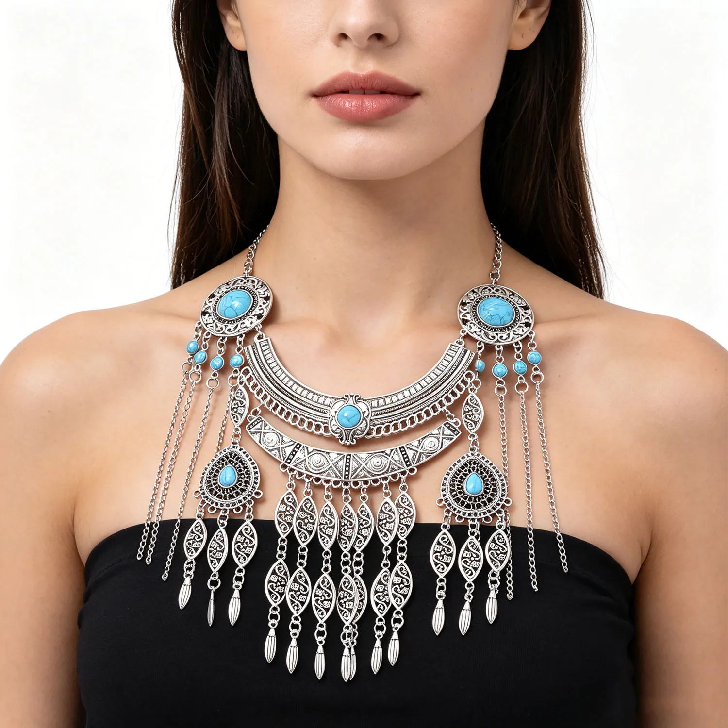 Collares de Estilo Bohemio Hippie para Mujer, Grandes y Gruesos, de Aleación Plateada Vintage, Tallados, Joyería Turca para Festivales y Fiestas