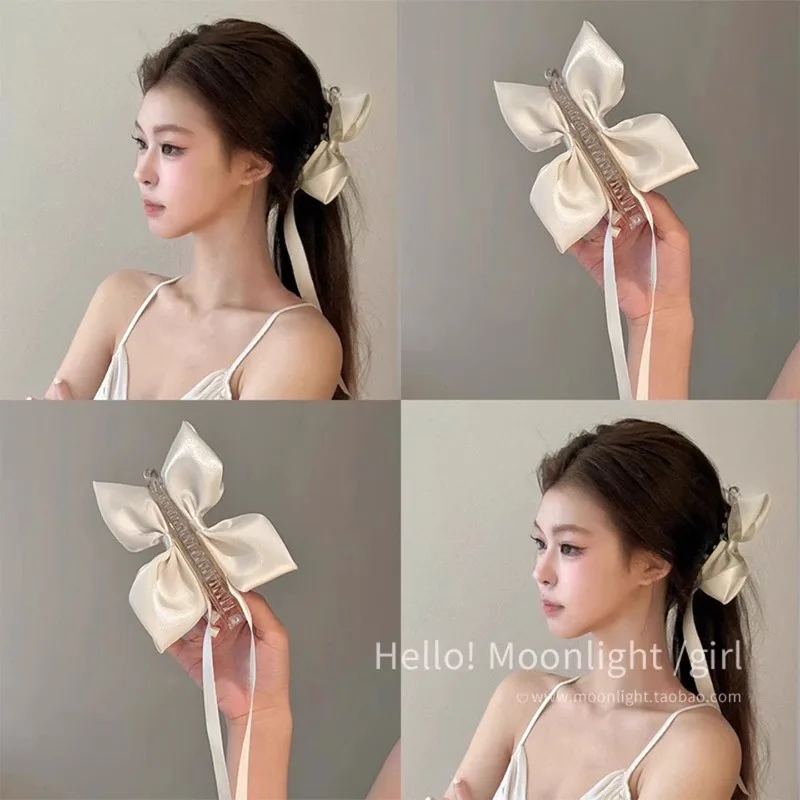 

Satin Bow Hair Claw for Women Cat Ear Ribbon Streamer Banana Clip Sweet Elegant Non Slip Fashion Hair Accessories Daily Wear