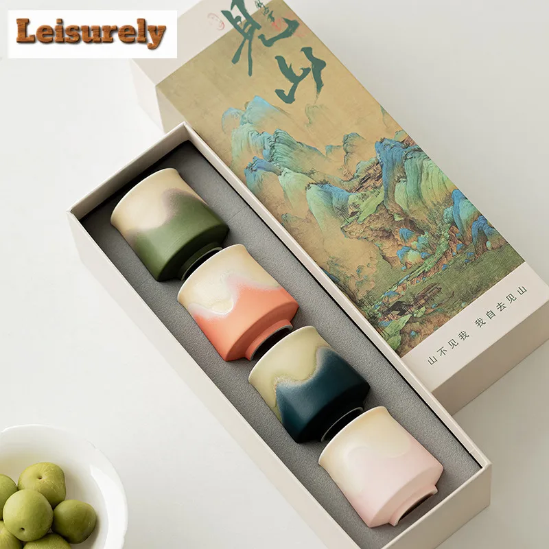 

4pc/lot Zen View Mountains Ceramic Tea Cup Large Capacity Coffee Mug Set Master Cup Kung Fu Teaware Handheld Gift Box Set 130ML