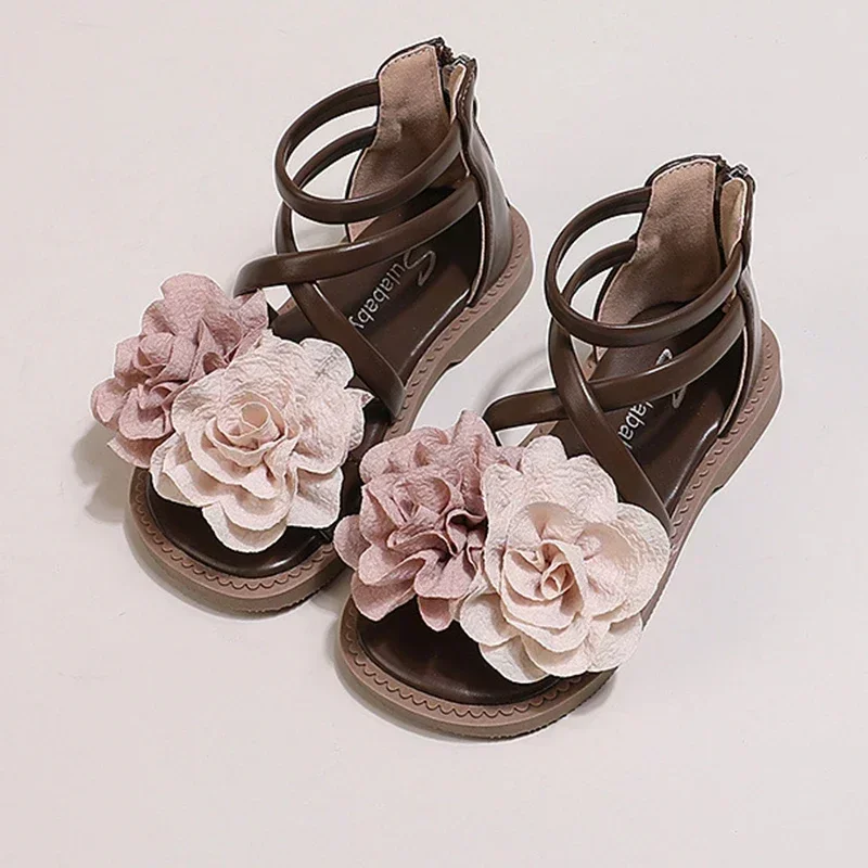 Sandalias romanas antideslizantes para niñas, zapatos de princesa con flores, suela suave, novedad de verano, 2024