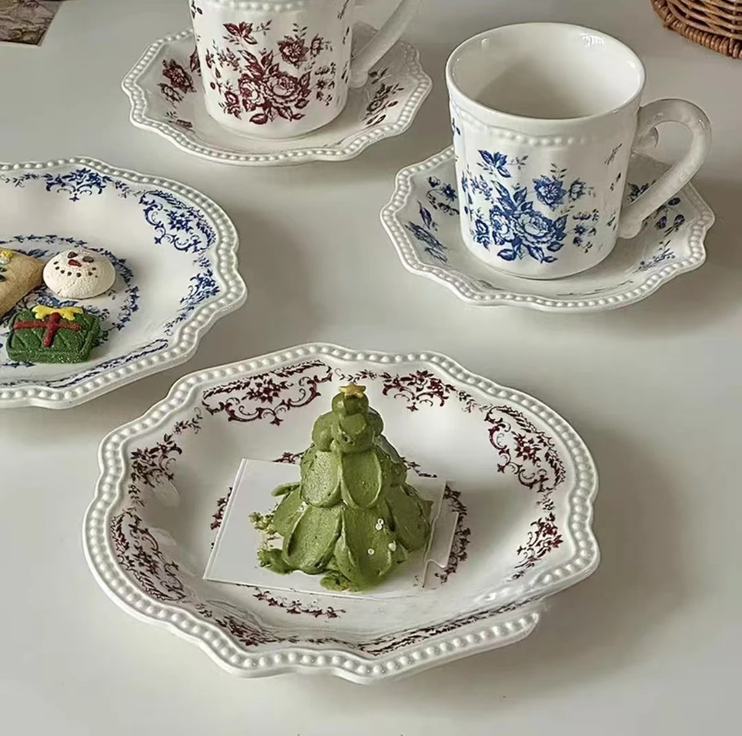 Creative small floral plate wind ceramic dessert  household western food steak  personalized bead point relief plate
