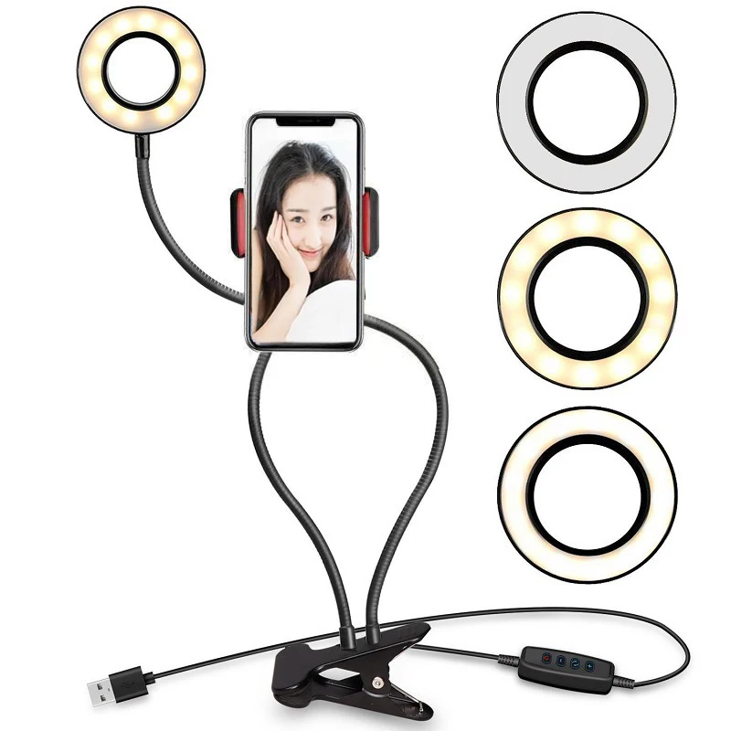 Support de téléphone portable 3 en 1 avec anneau lumineux pour selfie, lampe de bureau LED pour diffusion en direct et cuisine