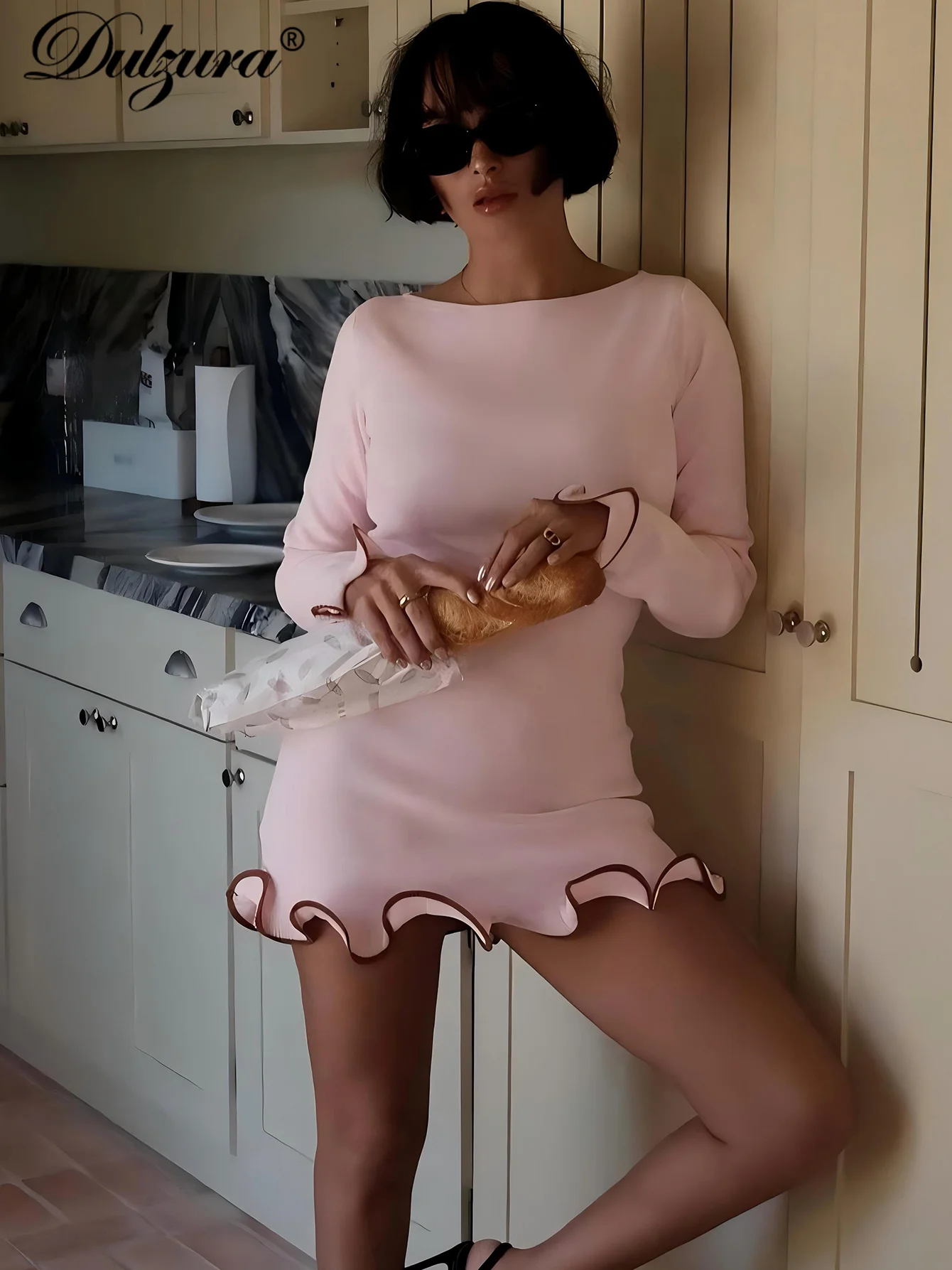 Dulzura-فستان قصير مثير للنساء ، أكمام طويلة سادة ، حافة مموجة ، فساتين بسيطة ، حفلة ، نادي ، تاريخ ، ليل ، عيد ميلاد ، Y2K ، ملابس