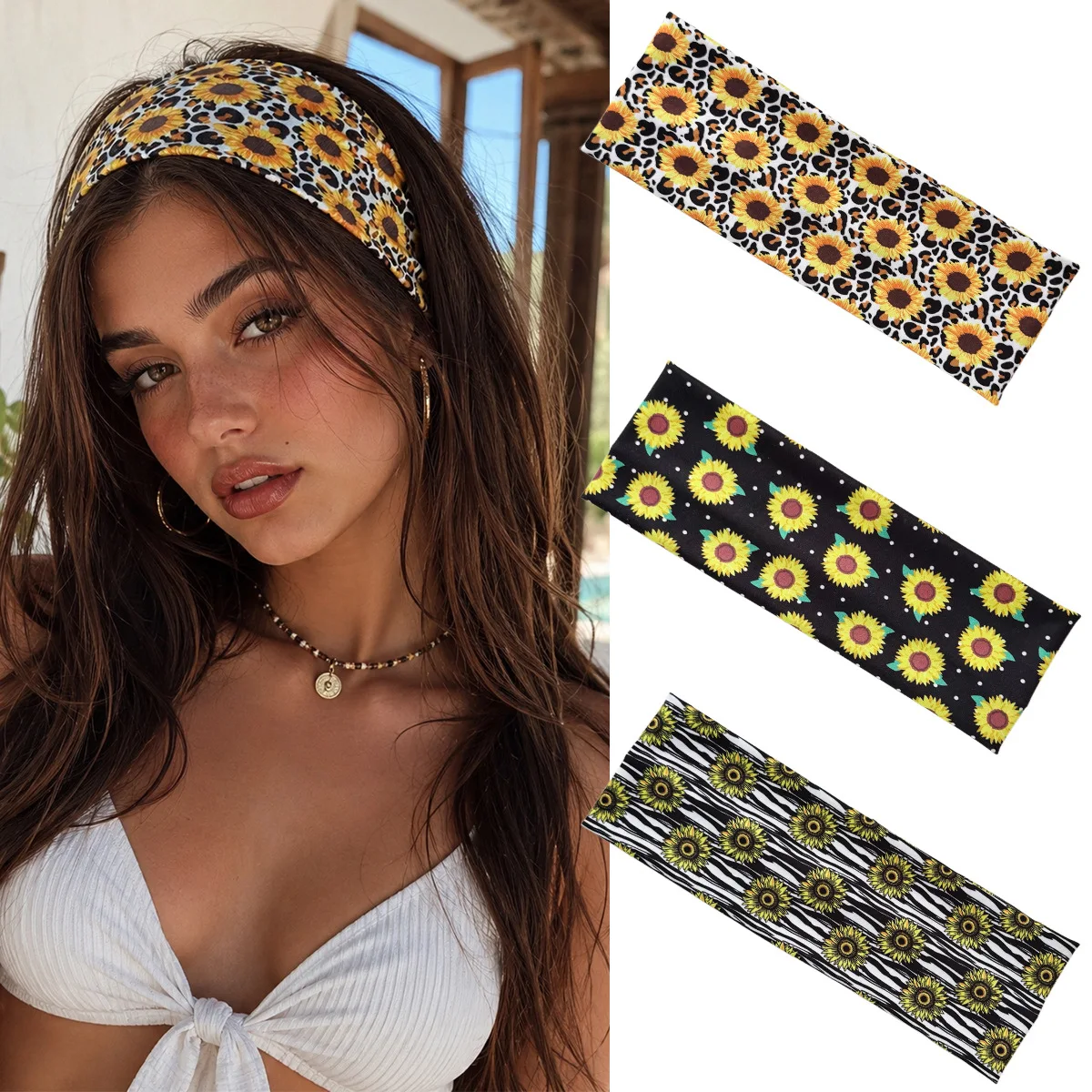 New Sunflower Elastic Headband Leopard Zebra Print Wavy Headband Women's Makeup Sports Yoga Hair Tie Hair Accessories