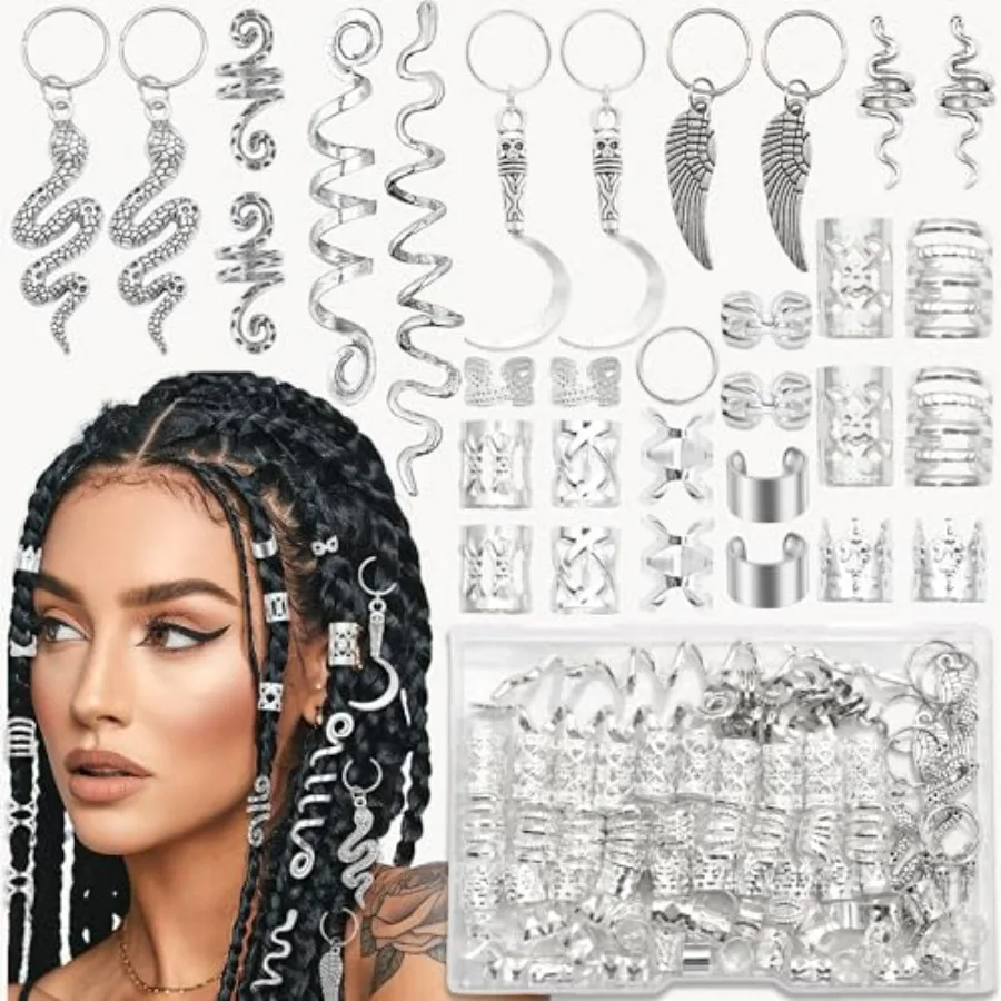 

122PCS Silver Hair Jewelry Snake Loc Charms Braids Clips Multi Style Hair Cuffs Rings Metal Dreadlock Beads Accessories Decorat