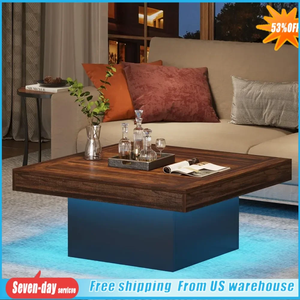 

Square LED Coffee Table, Engineered Wood Low Coffee Table, Center Table for Living Room, Rustic Brown & Black, Free Shipping