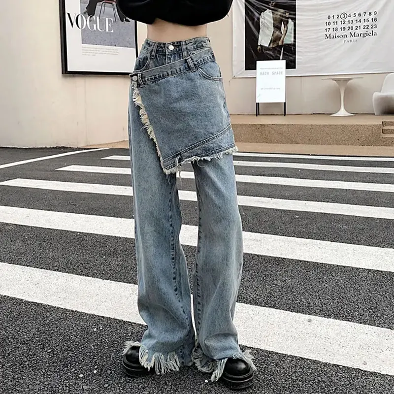 Asymmetrical Fashionable Patchwork Trousers Spring Irregular Denim Pants Female Clothing Wide Leg Rough Selvage Straight Jeans