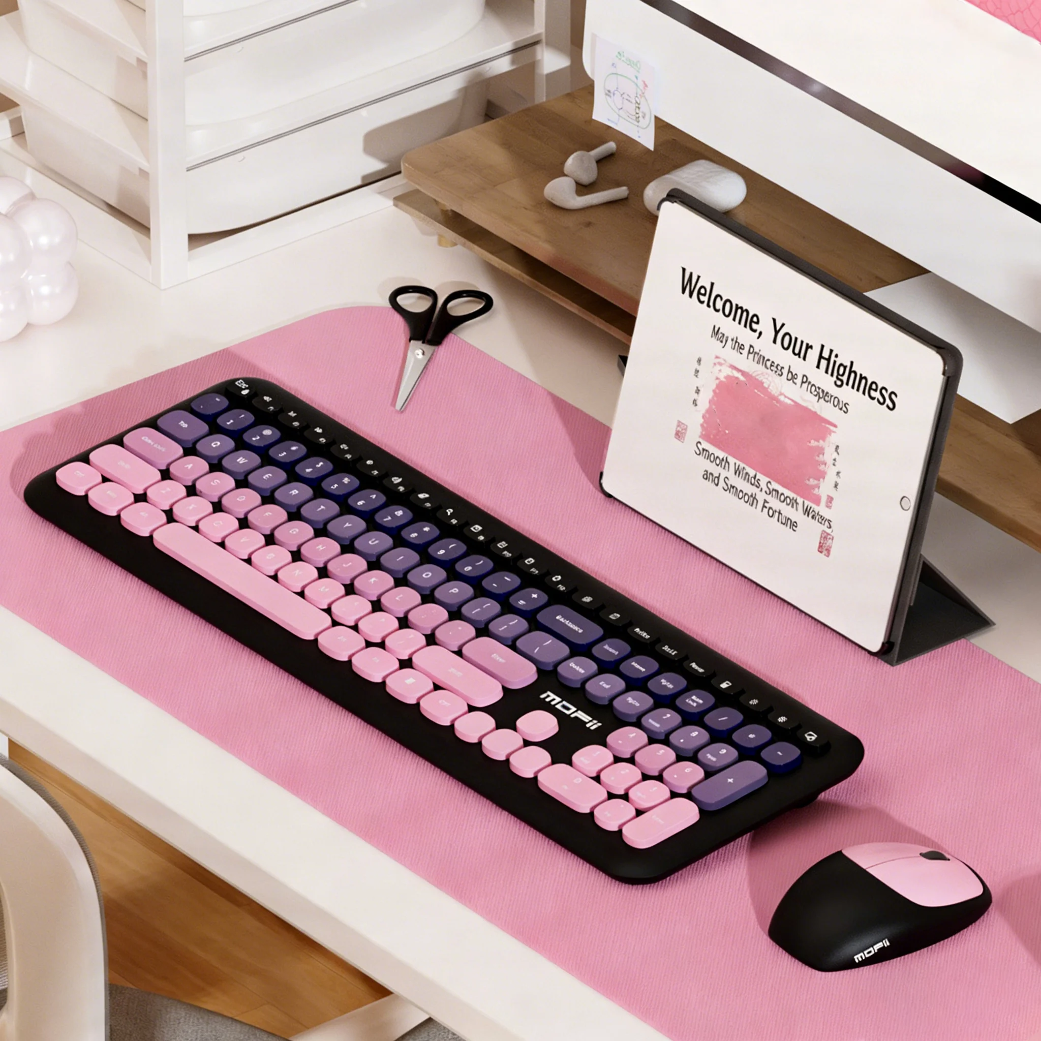 MOFii Wireless Keyboard & Mouse Combo, Cute Macaron Cat Paw Round Keycaps Silent Office Set for Laptops and Desktops