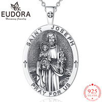 Eudora Saint Joseph Necklace 925 Sterling Silver Vintage Cross Medal Pendant for Women Men San José Catholic Jewelry Gift