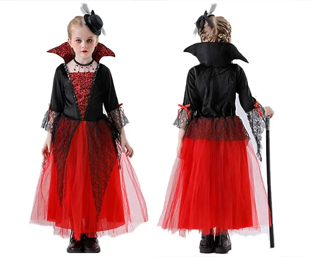 Mädchen Langarm-Teufel-Vampir-Kleid Kinder Spitzen-Tüll-Kleid mit Dreizack-Horn-Stirnband Halloween Cosplay Party Set – Detail 6