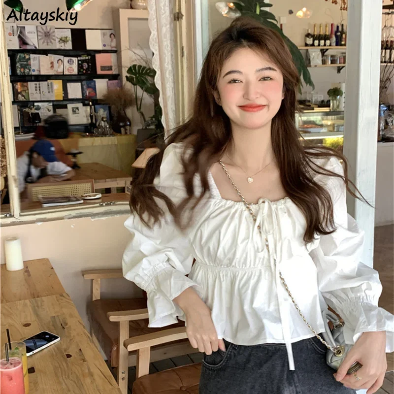 

Crop Tops Blouses Women Sweet Bandage Casual Tender Pure Flare Sleeve Fashion Korean Style Chic Simple Creativity Spring Girlish