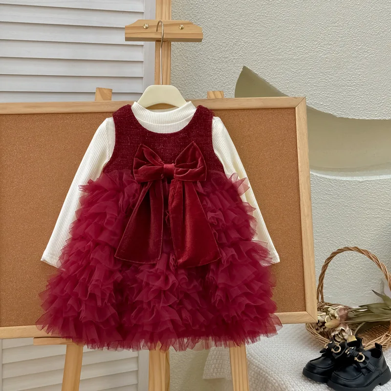 Girls' Dress2024Autumn and Winter New Bow Cake Dress Red with Velvet Lining High-End Birthday Dress New Year Clothes