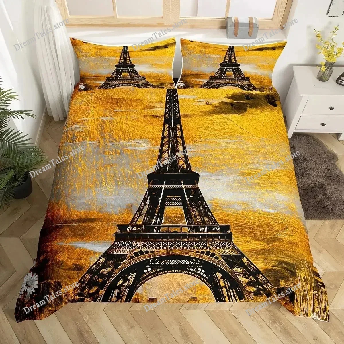 Vintage Eiffel Tower Duvet Cover Set Modern 3D Paris Theme Bedding Sets World Famous City Landscape Comforter Cover Quilt Cover9