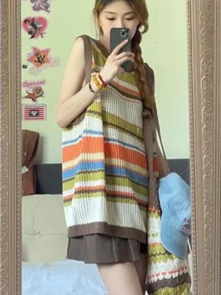

Женские вязаные литературные свободные летние полосатые свитера, жилеты в консервативном стиле, простые мини-юбки, плиссированные корейские модные новые наряды