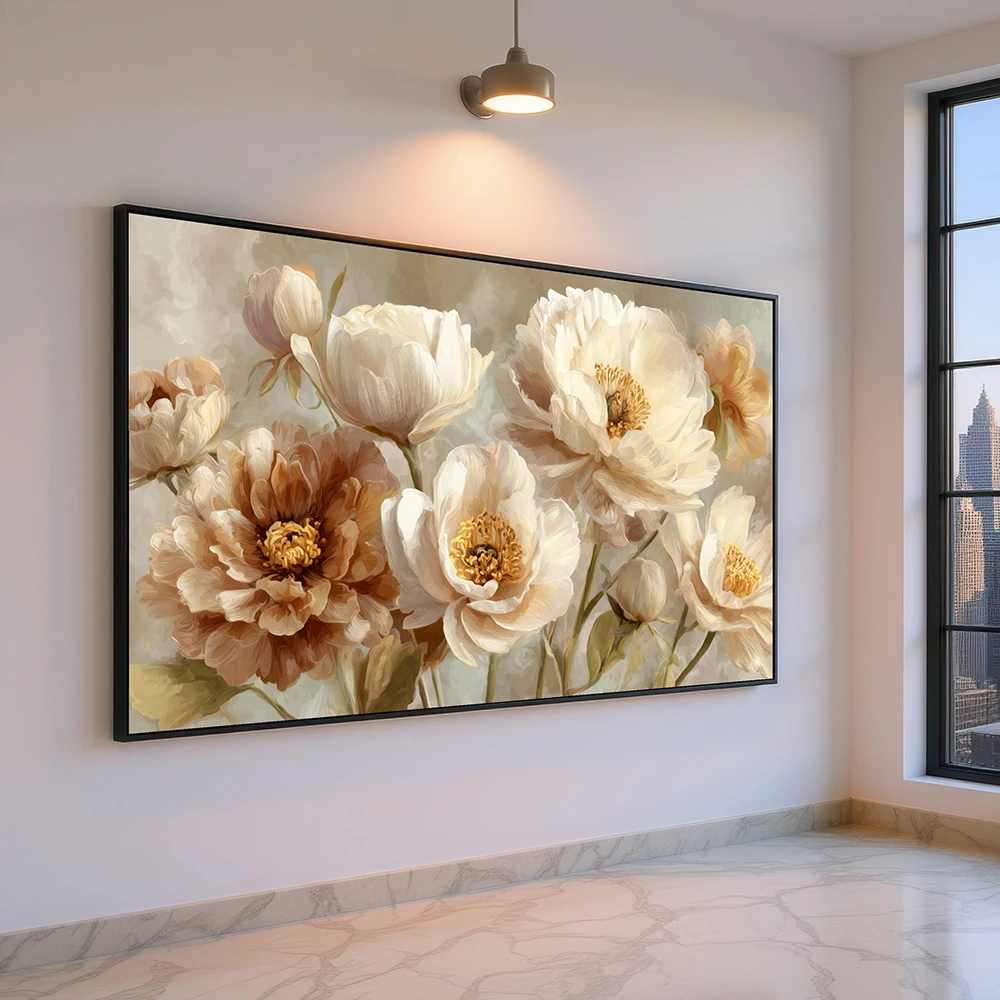 Soft Neutral Peonies Canvas Wall Art, Elegant Floral Painting, Beige and Cream Flowers, Botanical Canvas Decor, Living Room Wall