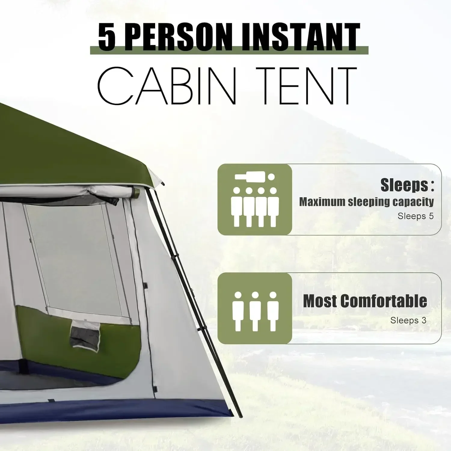 Instant Cabin Tent, 4-8 Person Quick Setup Family Camping Tent with Rainfly and Extended Canopy, Weather Resistant Tent with Mes