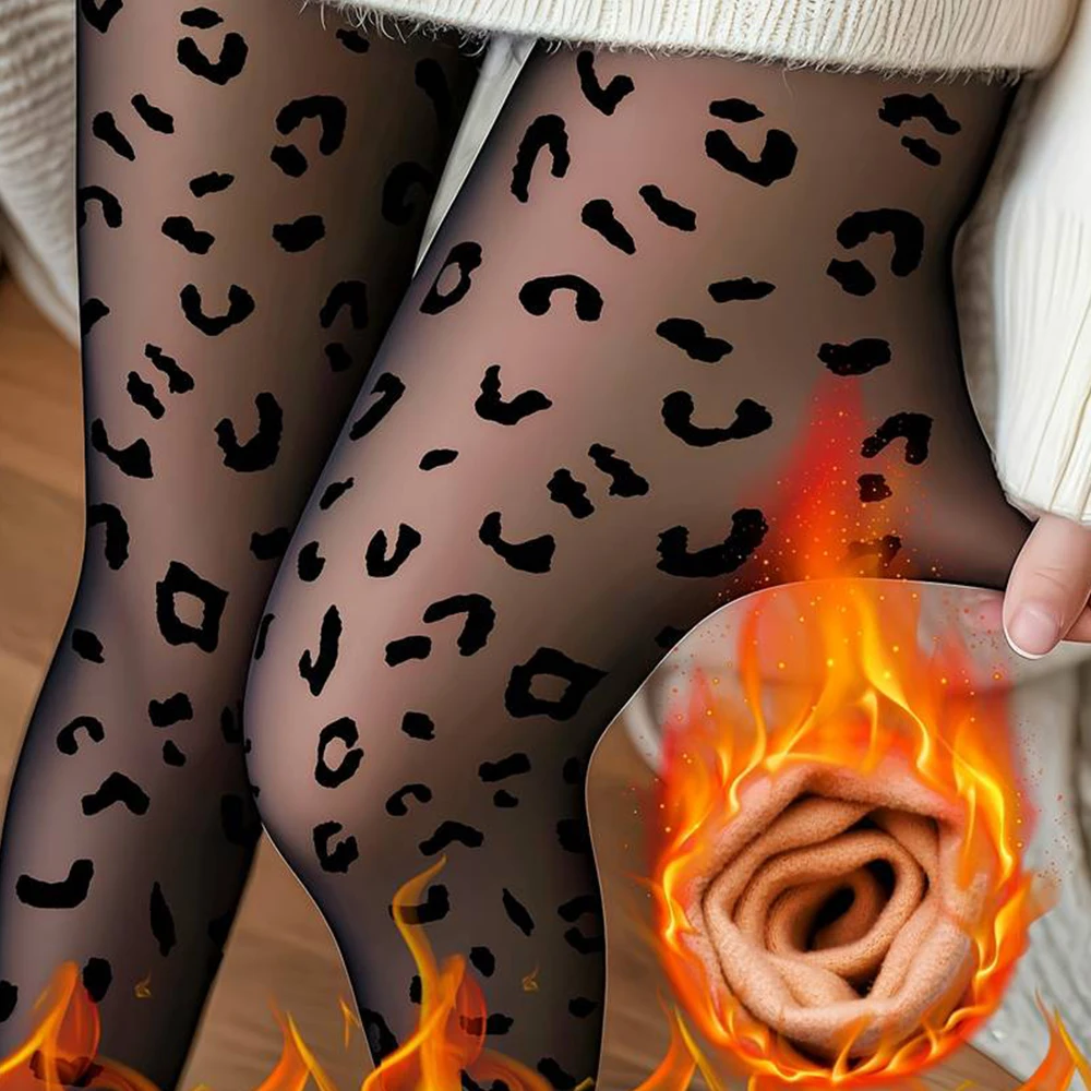 

Winter Leopard Print Pantyhose Thermal Thick Fleece Lined Tights Plus Size High Waist Translucent Warm Leggings For Cold Weather