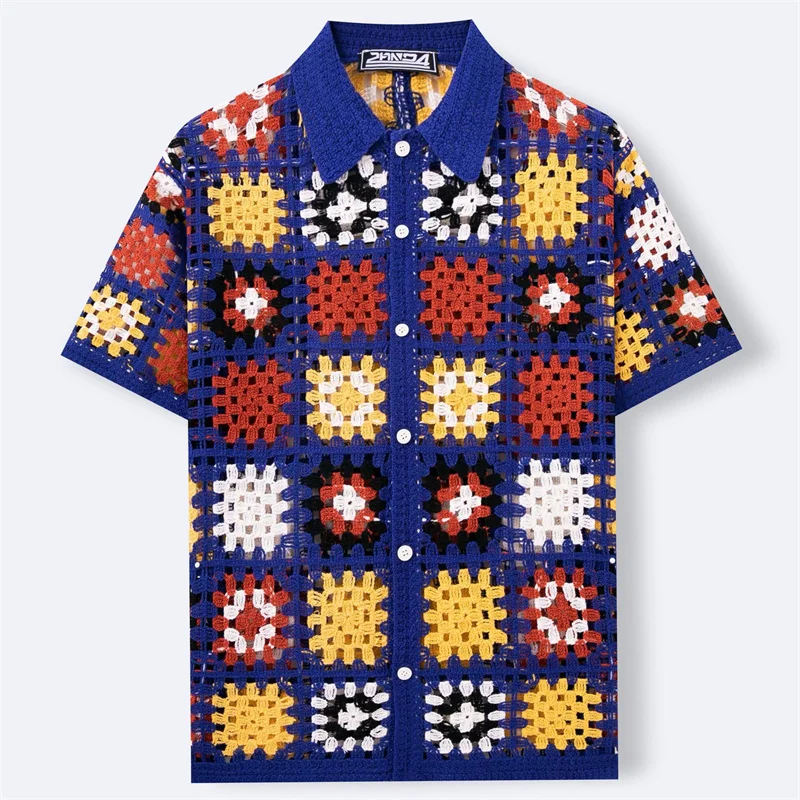 Colorful Plaid Crochet Shirts For Men Short Sleeve Acrylic Lapel Summer Quality Mesh Hollow Breathable Knitted Camisas De Hombre