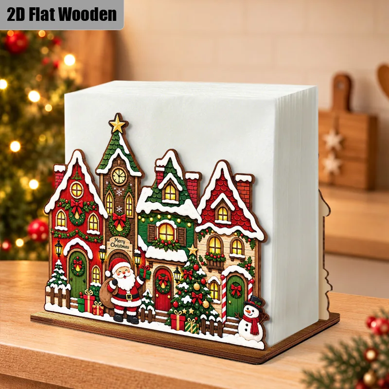 Wooden Christmas Napkin Holder Set Village Houses Design with Snow Roof Santa & Snowman 2D Flat Decor for Farmhouse