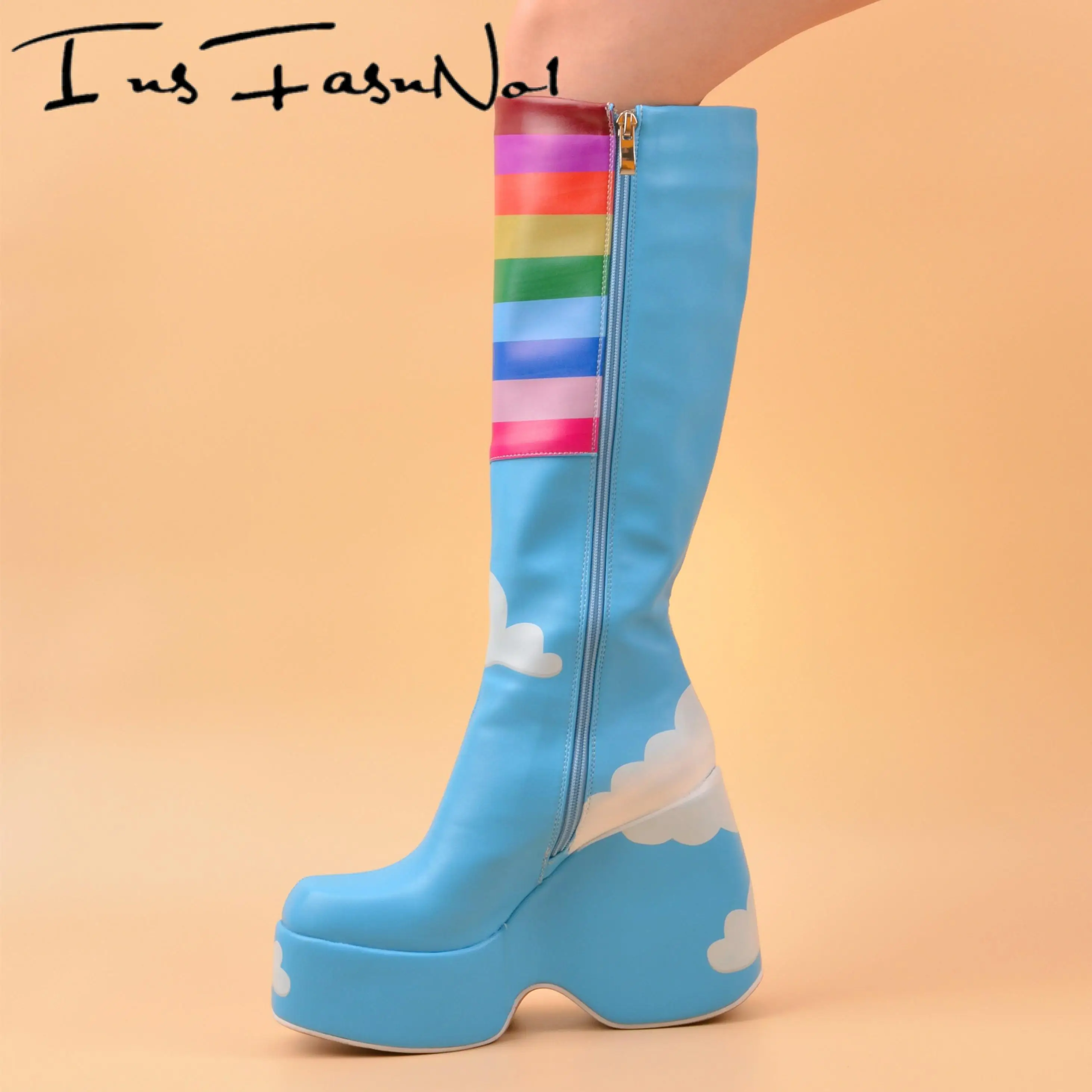 Colorful Rainbow Platform Knee Boots Cloud Blue Sky Graffiti Long Boots Designer Zip Shoes Square Wedges High Heel Sweet Botas